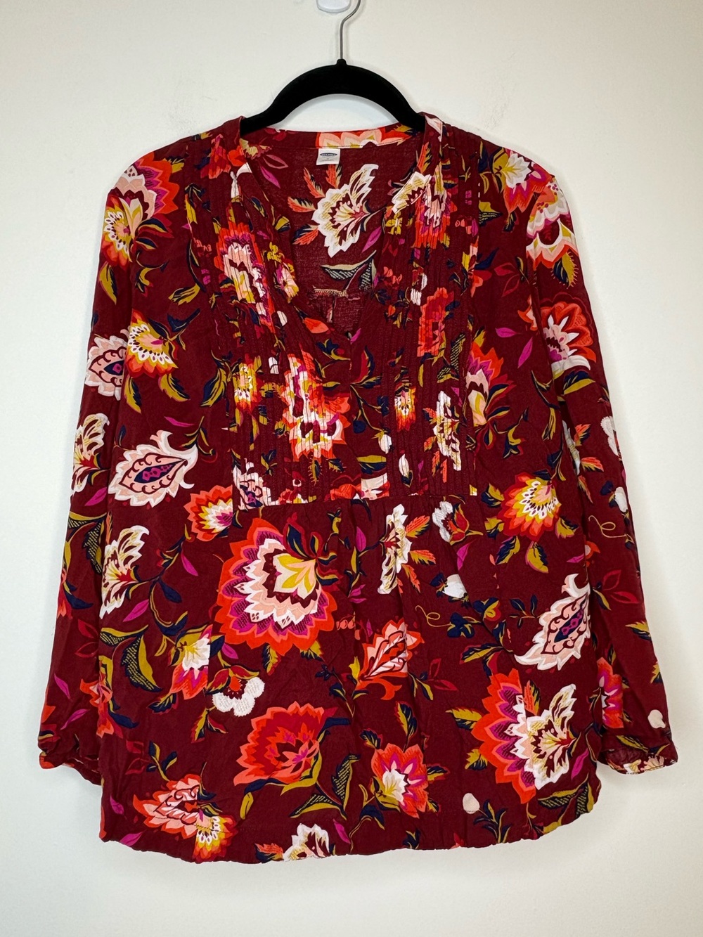 Old Navy Burgundy Floral V-Neck Long Sleeve Blouse Size Large